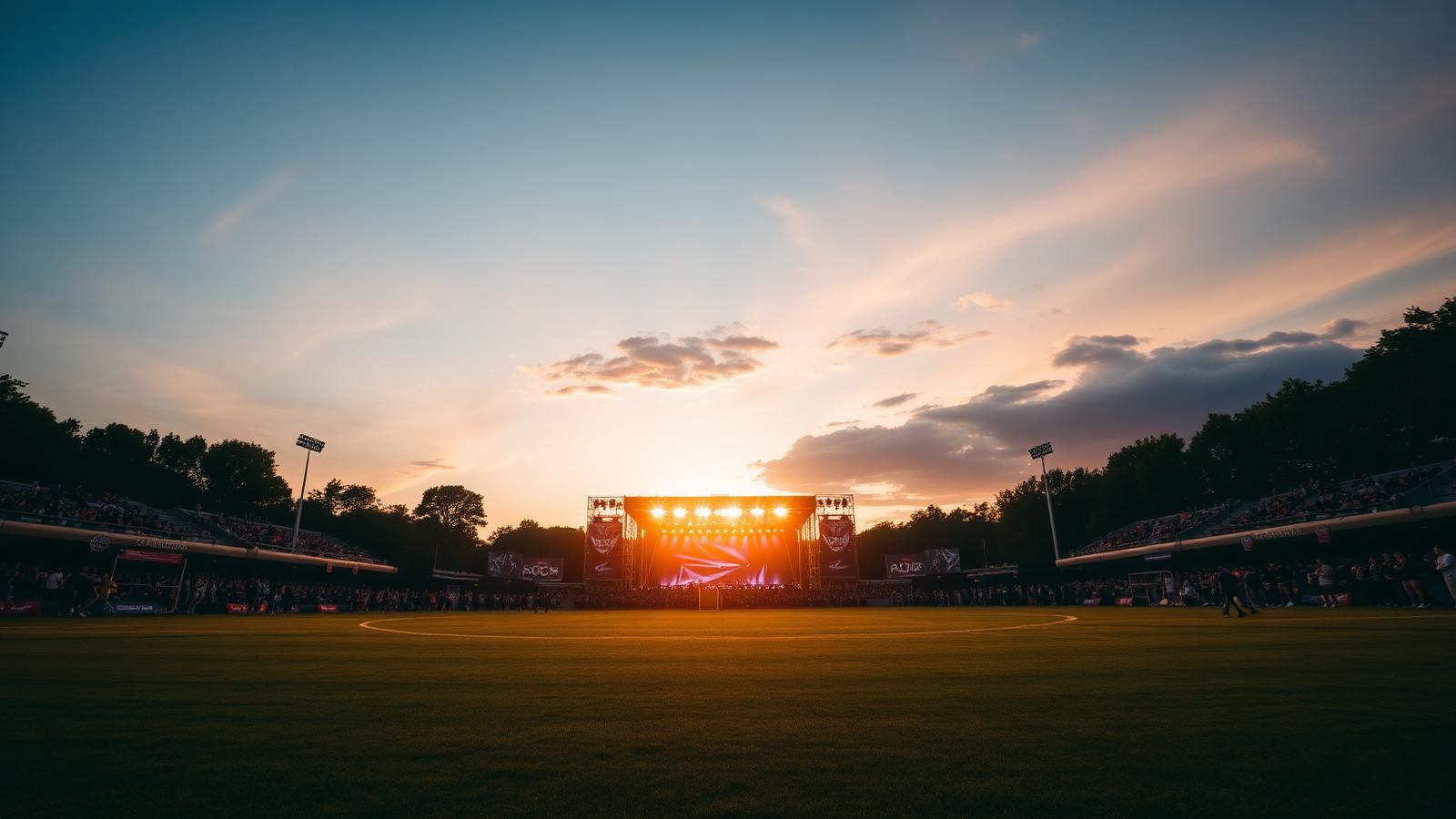 Scène de festival au bord d'un terrain de rugby au coucher du soleil
