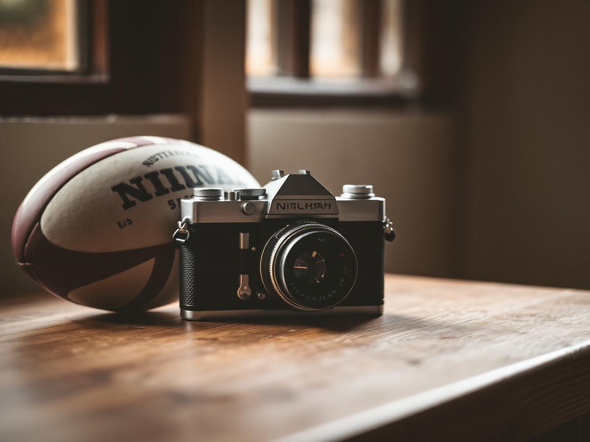 Appareil photo argentique posé près d'un ballon de rugby